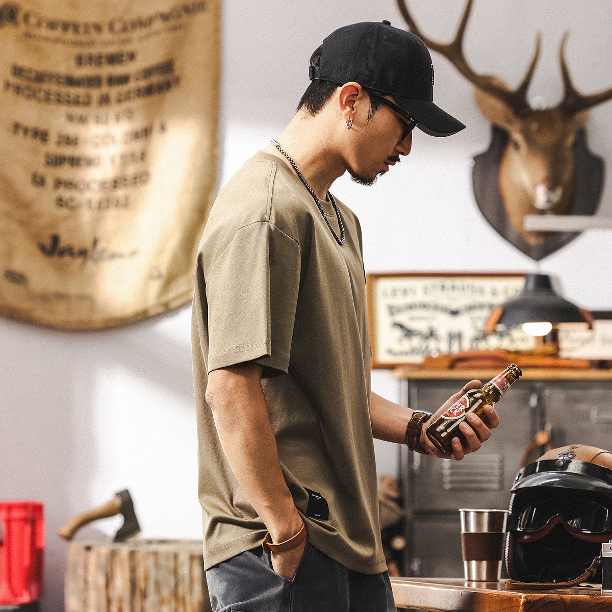 美式復古悟空刺繡短袖T恤夏季男裝2025新款潮牌寬鬆簡約男士上衣