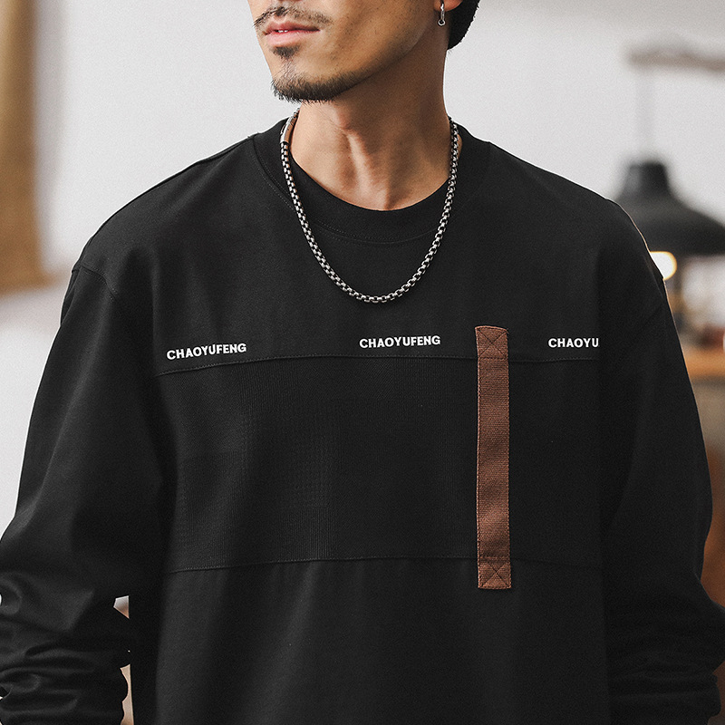 美式潮牌重磅長袖t恤男秋季2024新款撞色潮流休閑寬松上衣男