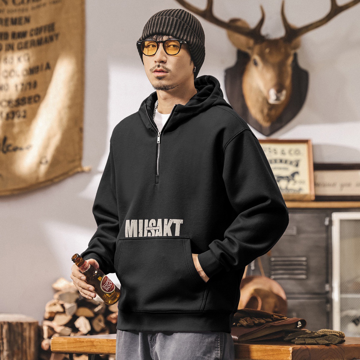 美式復古重磅半拉鍊衛衣男連帽春秋2025新款紫色潮流寬鬆外套秋季