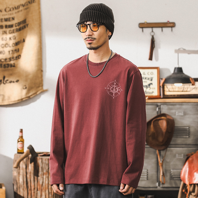 美式重磅長袖T恤男秋季潮牌創意印花體恤男士寬鬆設計感白色上衣T