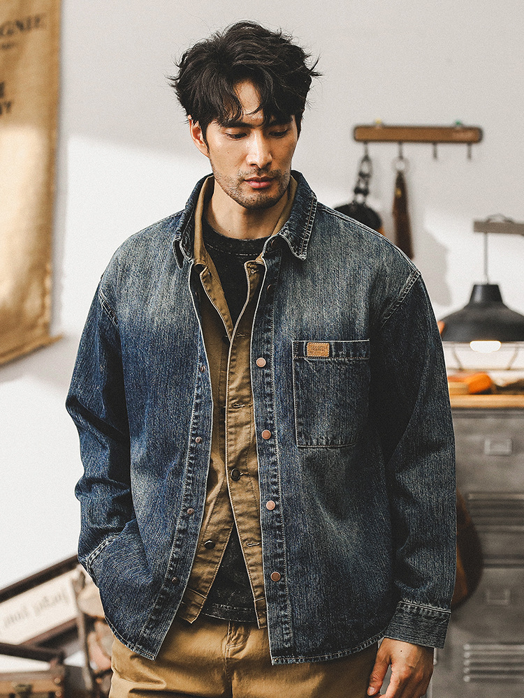 美式重磅竹節棉牛仔外套男款春秋潮牌紋理磨白寬松休閑長袖襯衫男