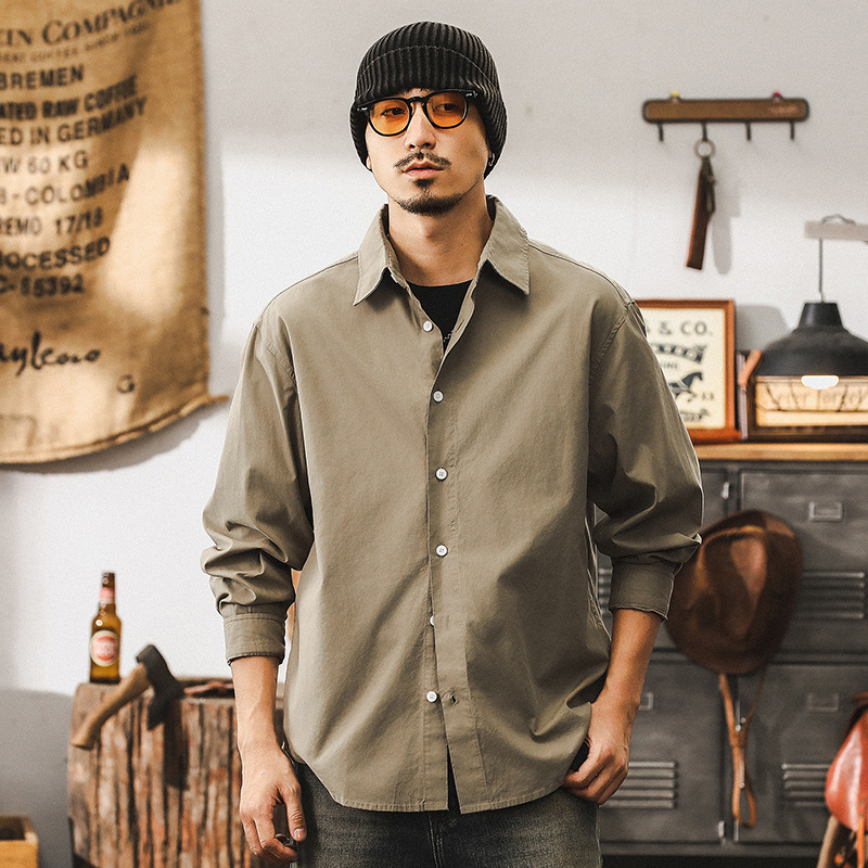 美式32支霧化精梳棉長袖襯衫男秋季上班通勤寬鬆休閒男士上衣襯衣