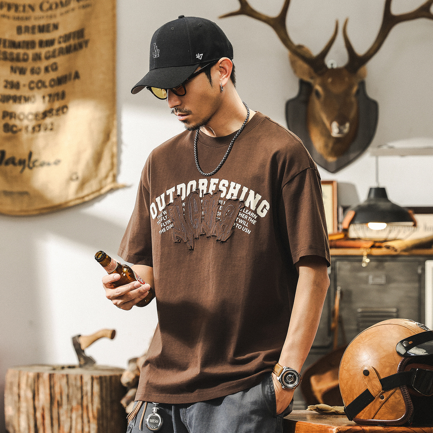 美式復古T恤夏季刺繡短袖男款2025新款寬鬆潮牌貼布印花上衣