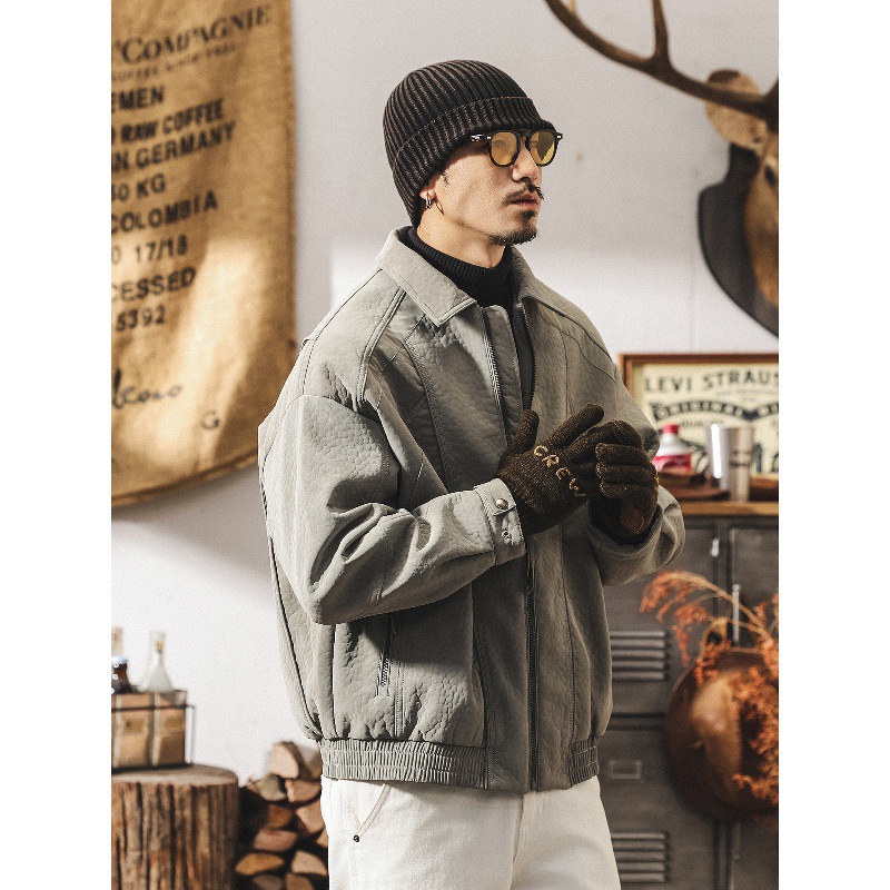 美式復古高級感荔枝紋棉服男士棉衣冬季加厚保暖機車皮夾克外套男