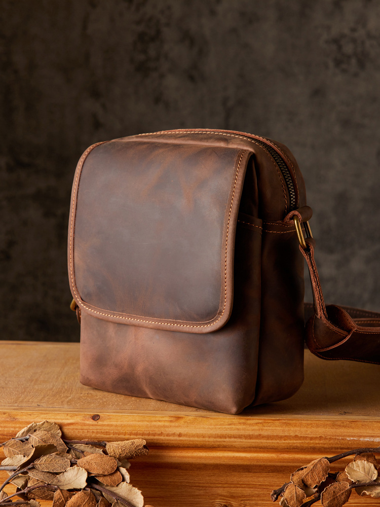 手工質感牛皮復古單肩包男士豎款瘋馬皮個性斜挎包真皮休閒男包潮