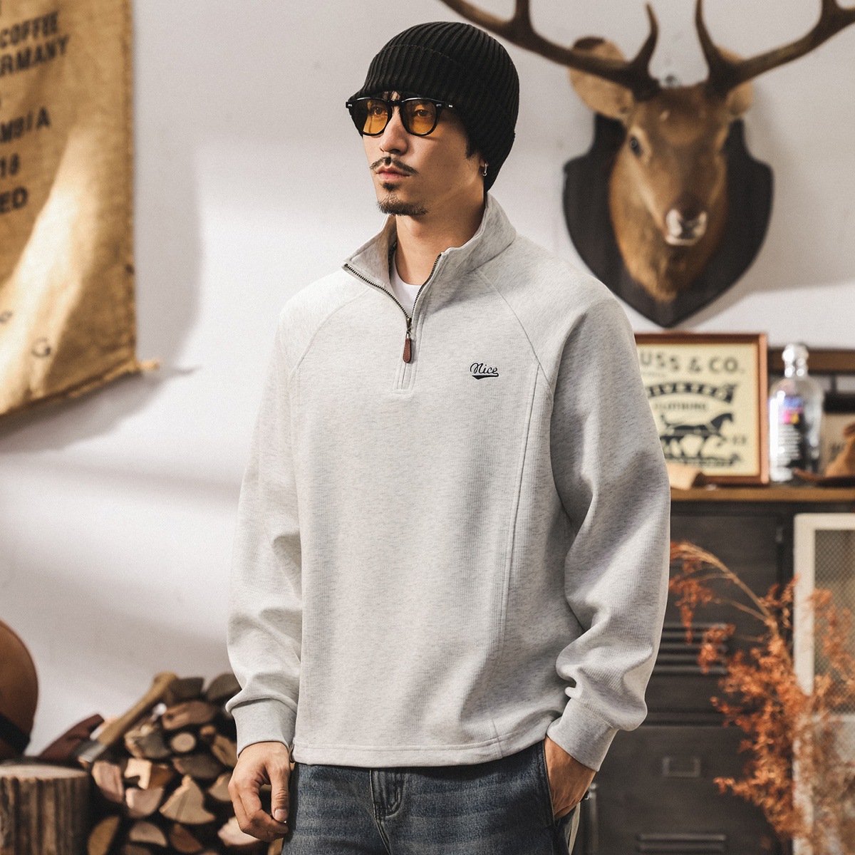 美式复古重磅拉链半高领卫衣男春秋2025新款潮牌宽松休闲秋季外套