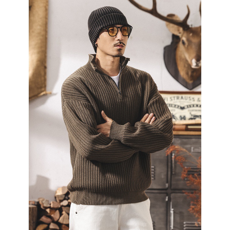 美式復古重磅毛衣男秋冬季潮牌寬鬆拉鍊半高領針織衫男士春秋外套