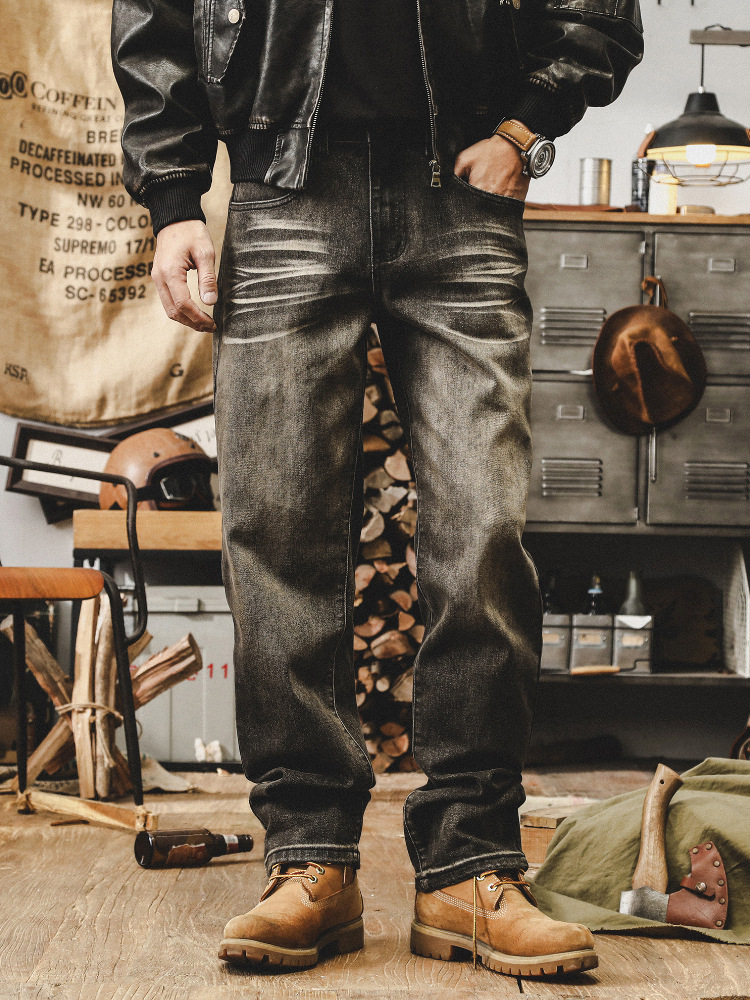 美式複古阿美咔叽牛仔褲男寬松直筒高街褲子男做舊水洗秋季休閑褲