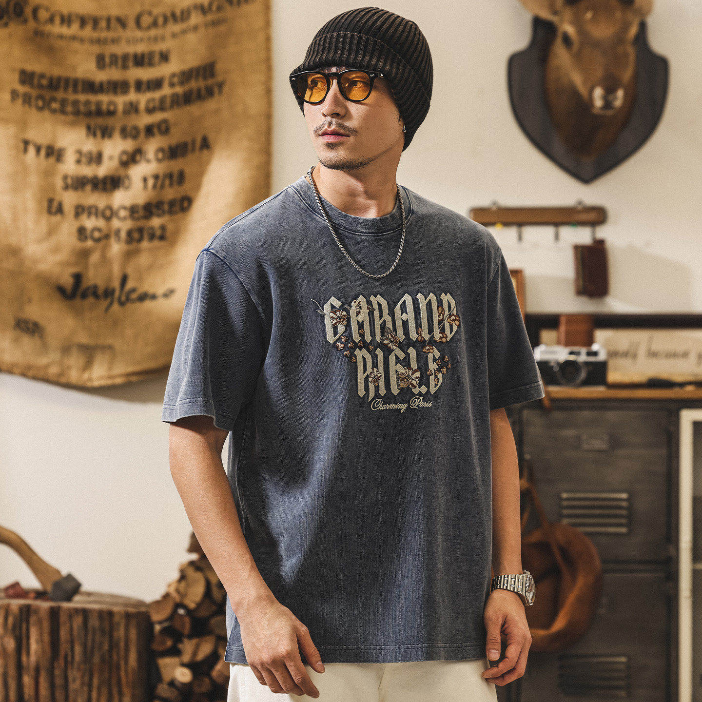 美式復古重工砂石水洗T恤男夏季2026新款潮牌刺繡短袖男寬鬆上衣