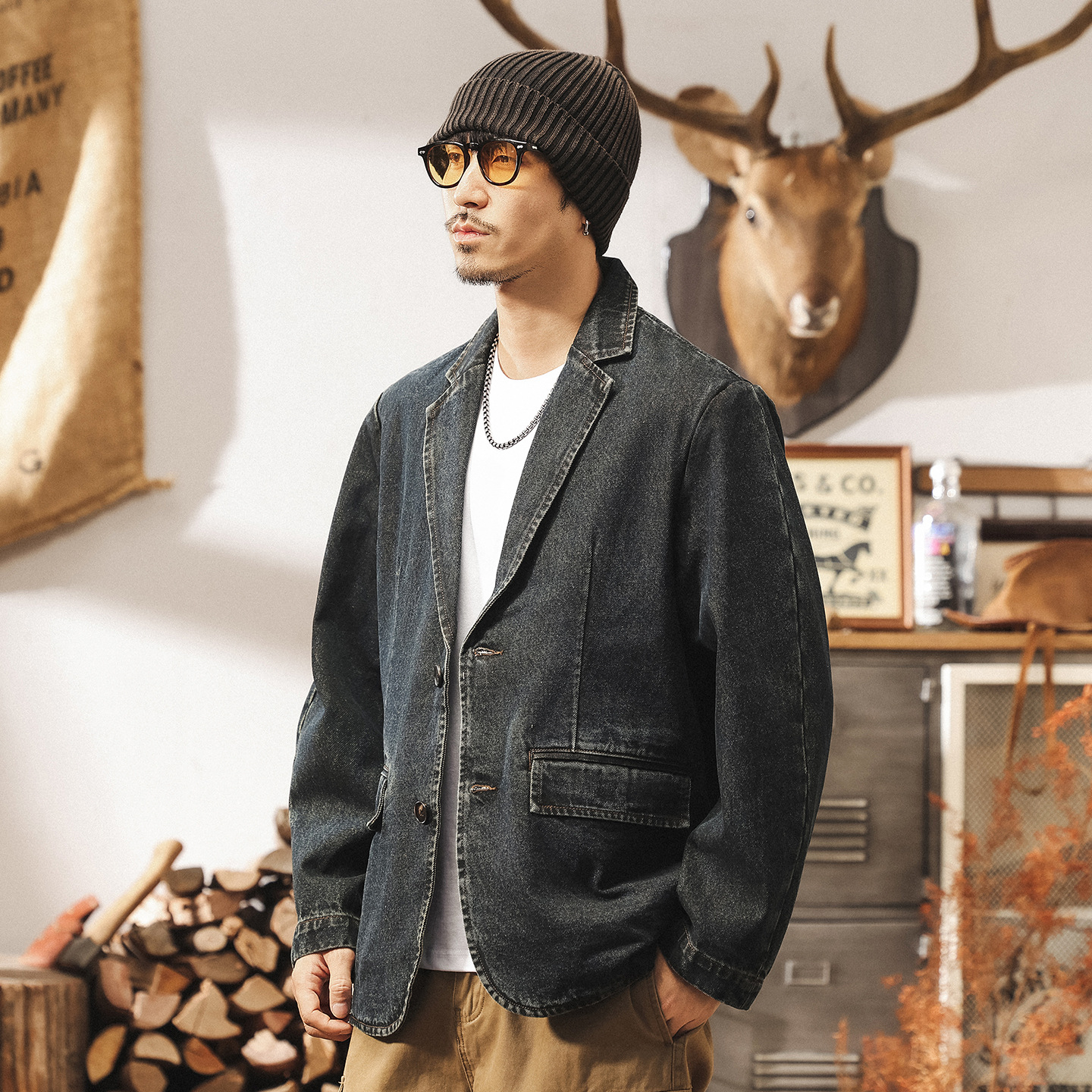 美式復古阿美咔嘰休閒牛仔西裝外套男春秋重工水洗工裝夾克西服男