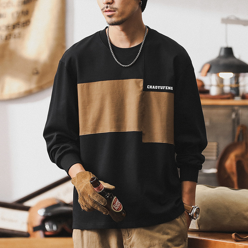 美式複古280g重磅長袖t恤男秋季潮牌寬松拼接撞色休閑上衣男