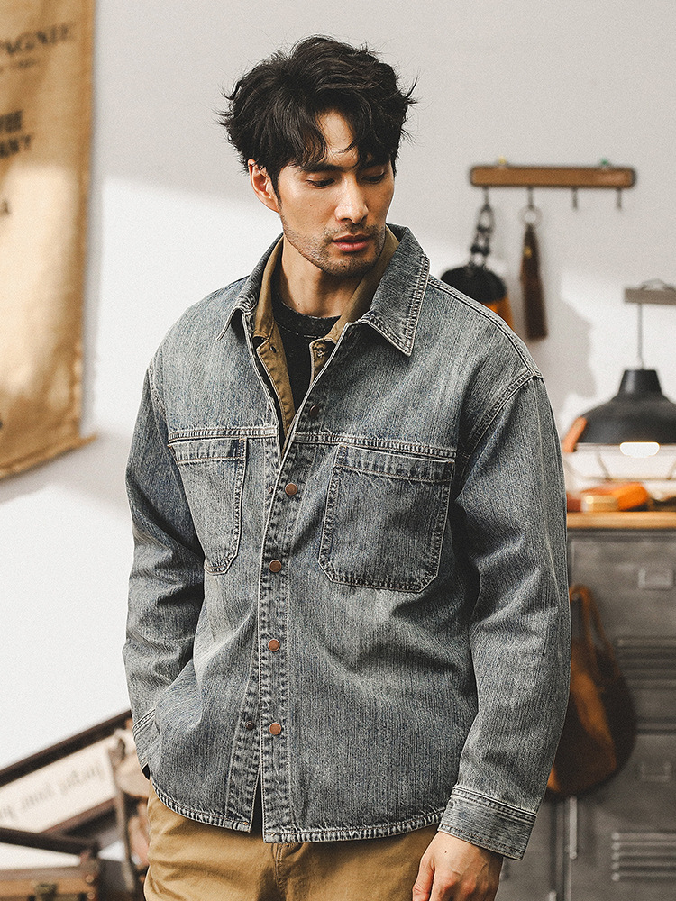 美式重磅複古牛仔外套男春秋款水洗休閑寬松潮牌襯衫男士長袖秋季