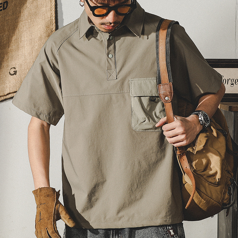 杰雷諾美式工裝復古短袖T恤男夏季高彈錦綸寬鬆襯衫領半袖POLO衫