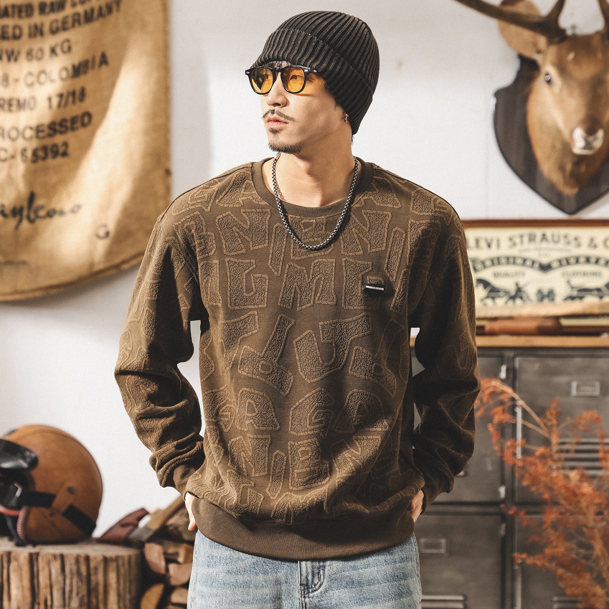 美式復古字母提花380g重磅衛衣男秋冬款潮流廓形圓領寬鬆大碼上衣