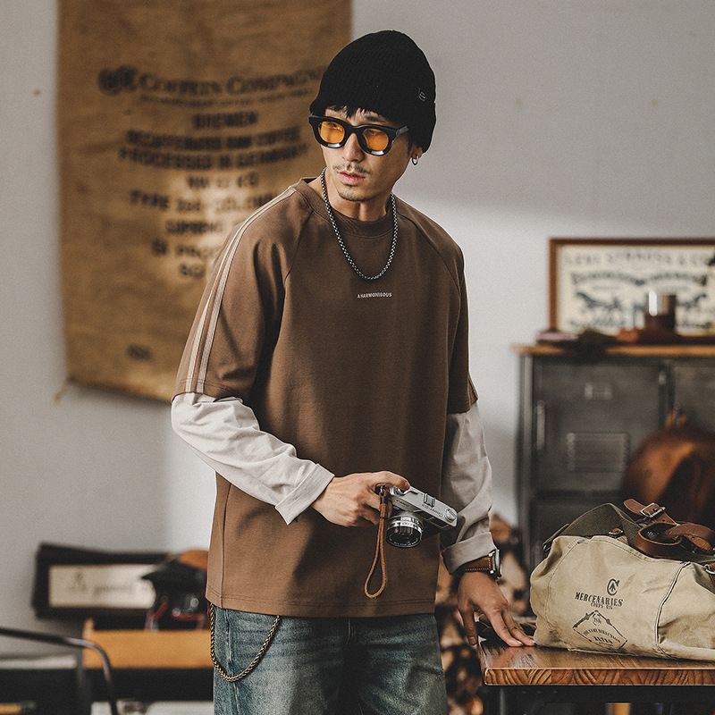 280g重磅T恤男長袖2024年新款假兩件拼接潮牌男士上衣寬鬆衣服男