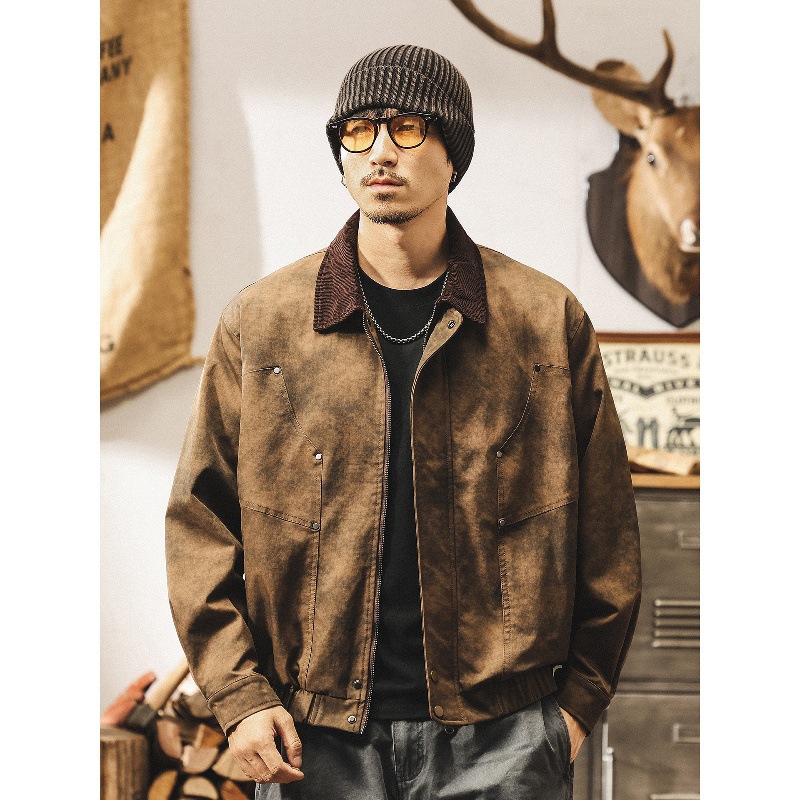 美式復古髒染男士外套春秋2025新款美拉德寬鬆潮流工裝夾克男秋季