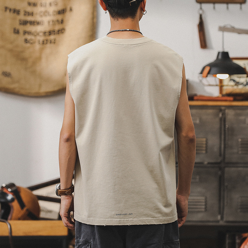 無袖T恤男夏季潮流復古做舊坎肩男款純棉背心重磅運動健身上衣潮T