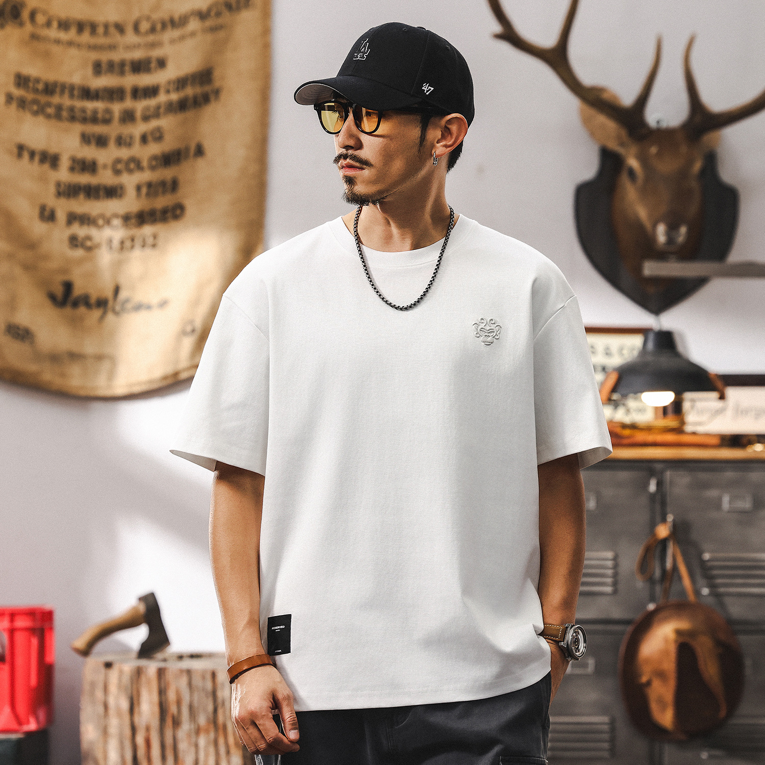 美式復古悟空刺繡短袖T恤夏季男裝2025新款潮牌寬鬆簡約男士上衣