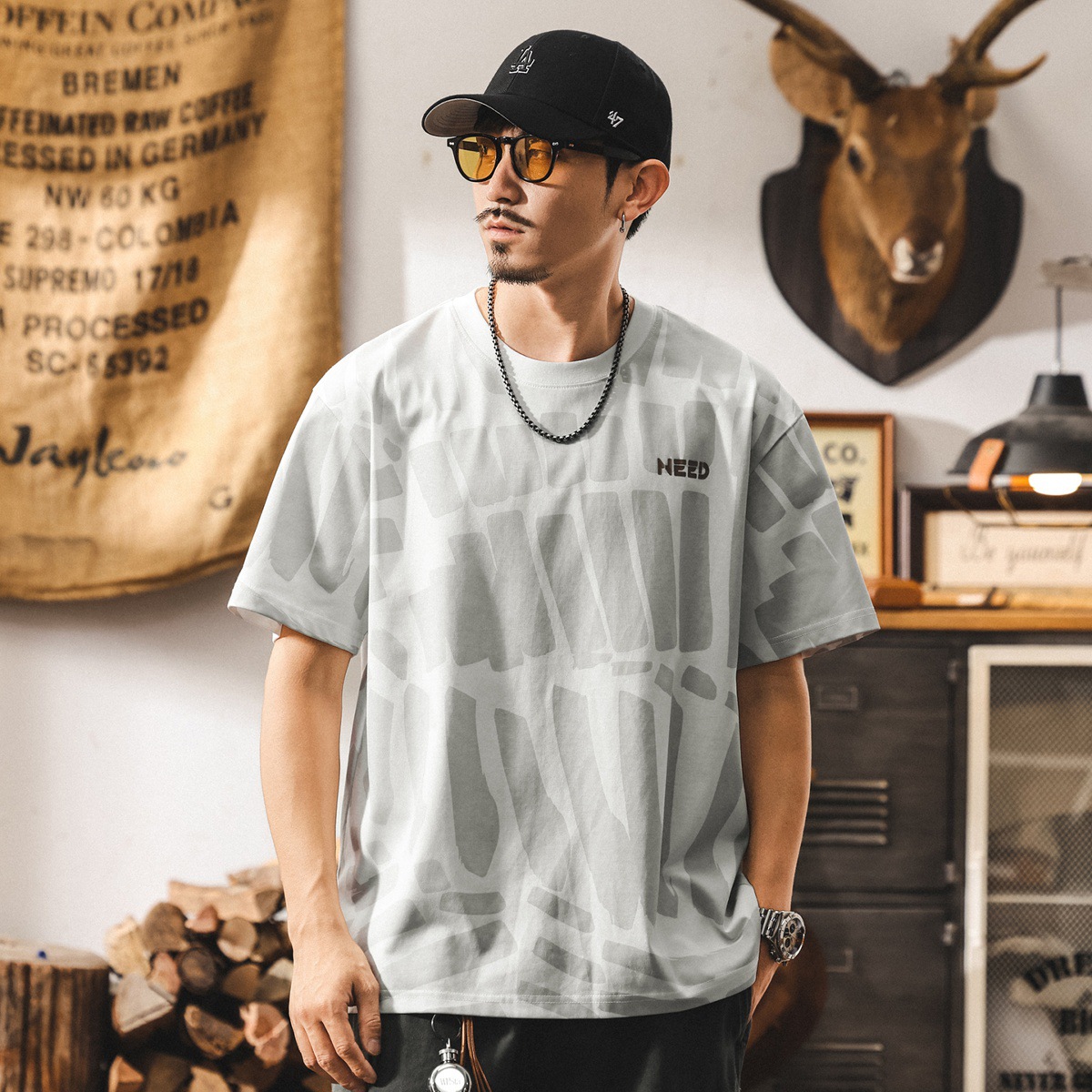 美式潮流短袖t恤男夏季2025新款寬鬆潮牌滿印半袖體恤男士上衣潮T