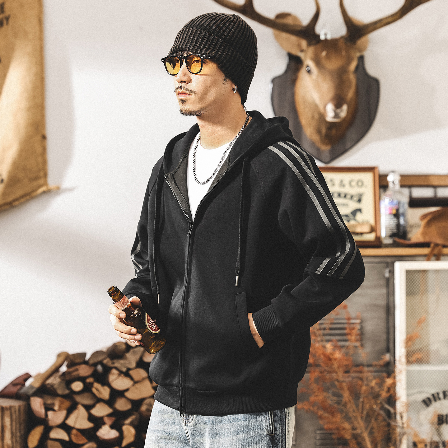 美式復古開衫連帽外套男春秋潮牌運動男生寬鬆休閒重磅衛衣男秋季