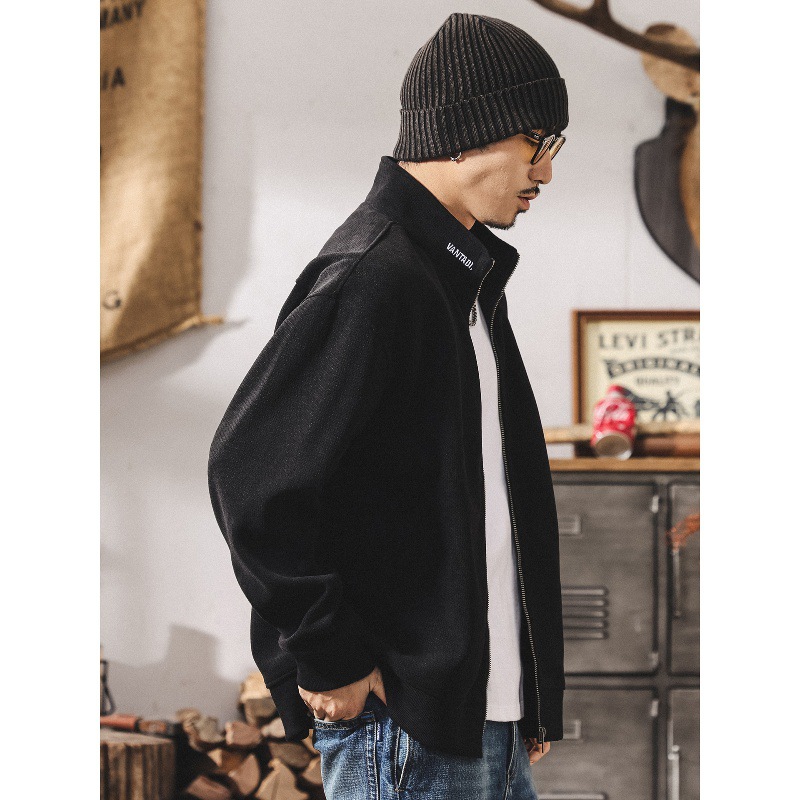 美式復古歐棉絨380g重磅衛衣男春秋潮牌新款寬鬆半高領針織外套男