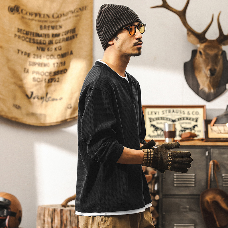 【假兩件】美式復古重磅歐棉絨長袖T恤男秋季2025新款硬漢亨利衫