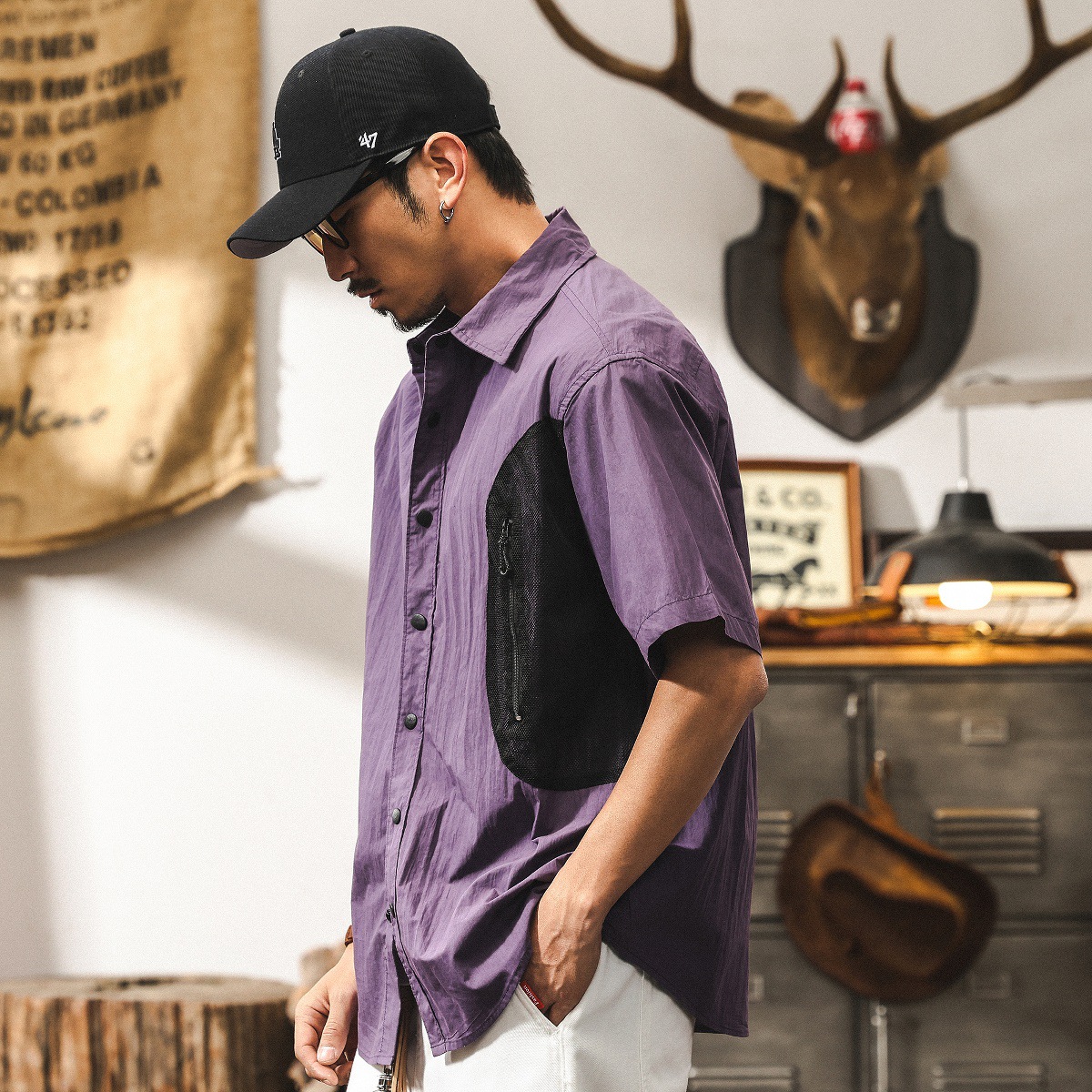 美式復古工裝襯衫男短袖夏季2025新款戶外釣魚機能寬鬆薄款襯衣男