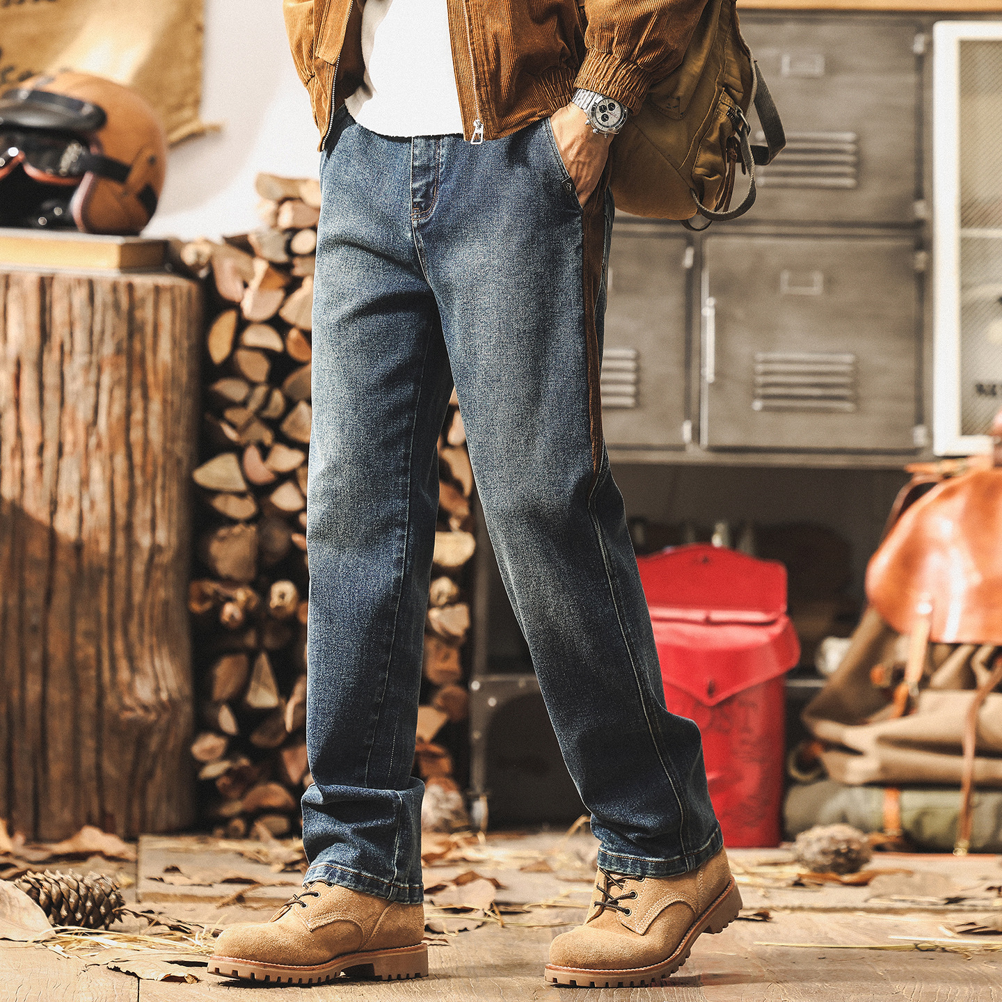 美式復古牛仔褲男士2025秋季新款寬鬆直筒水洗潮牌拼接痞帥休閒褲