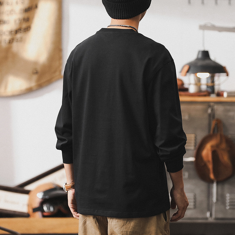 美式複古280g重磅長袖t恤男秋季潮牌寬松拼接撞色休閑上衣男