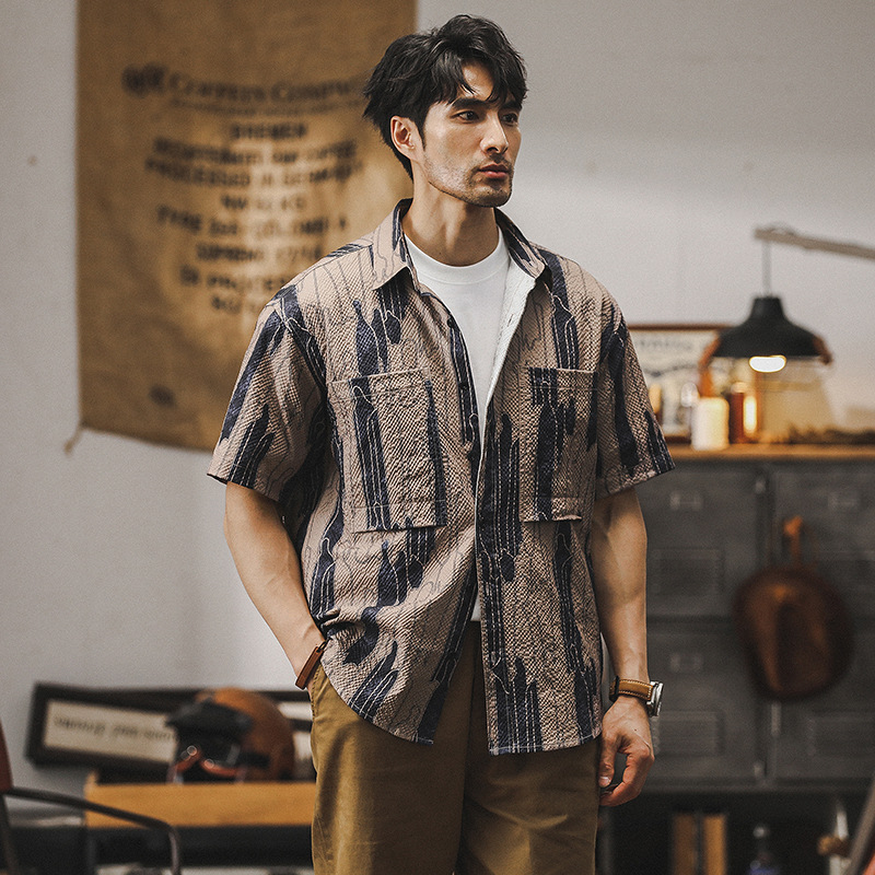 美式復古工裝襯衫男短袖夏季薄款寬鬆條紋夏威夷潮牌休閒男士襯衣