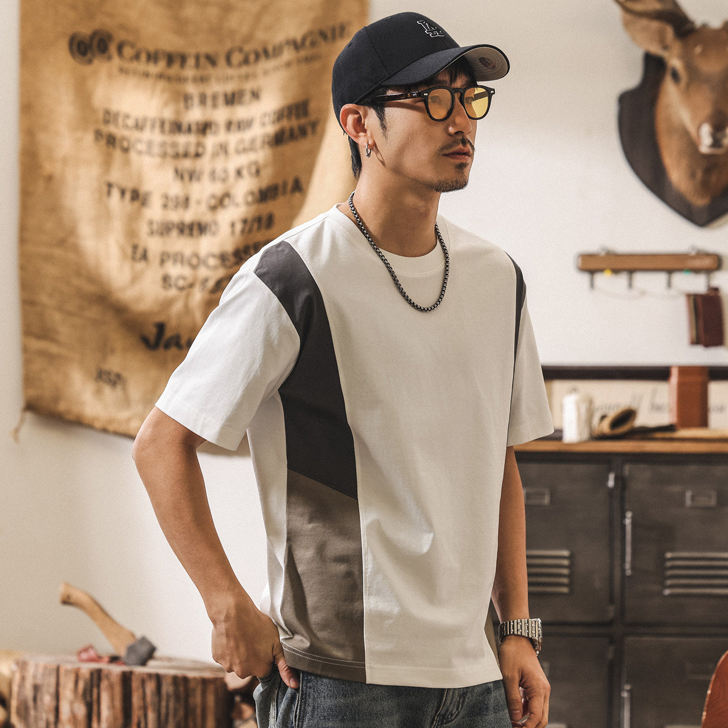 拼接撞色涼感棉男士短袖T恤夏季新款潮牌美式休閒復古寬鬆上衣男