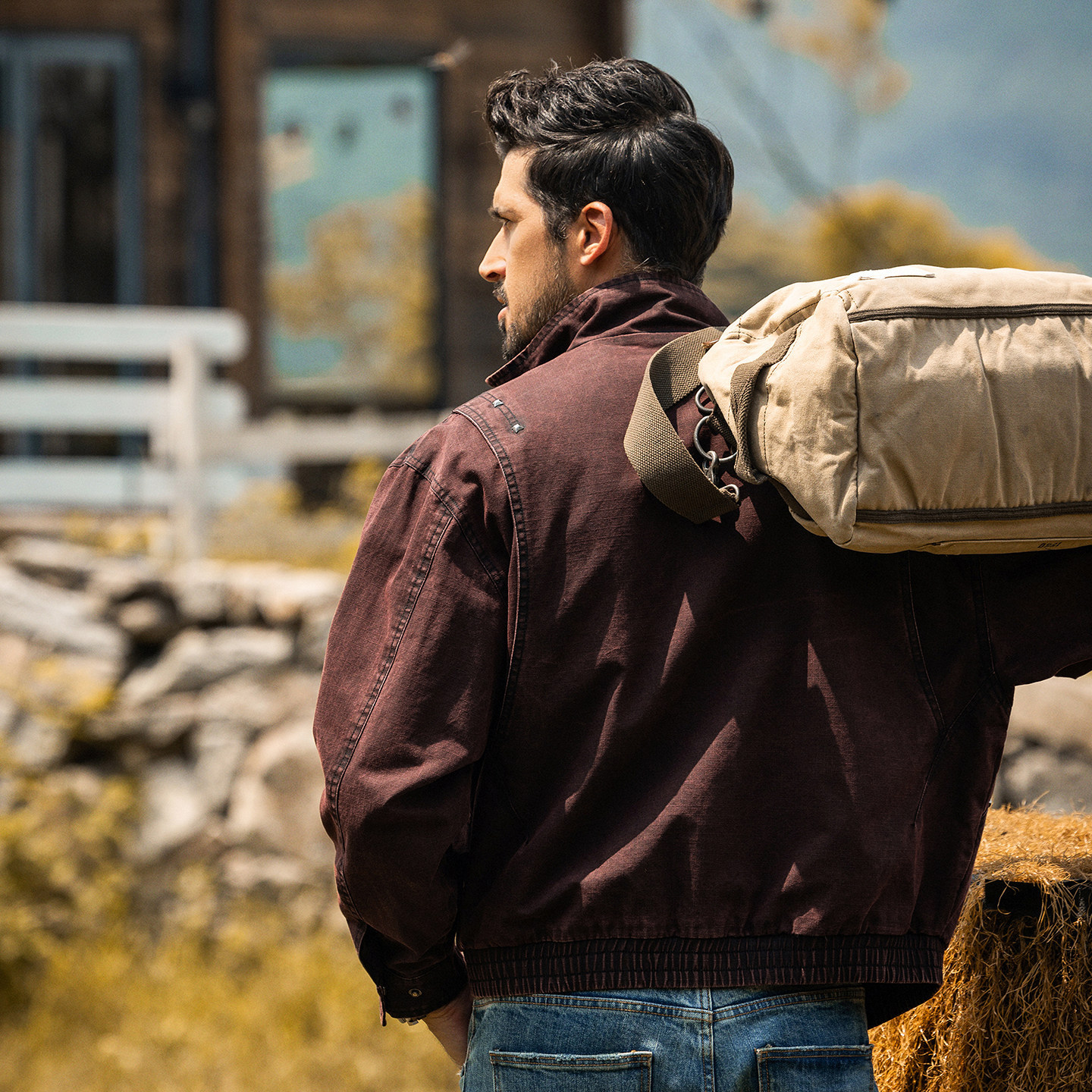 美式復古工裝夾克男春季新款寬鬆水洗勃艮第紅老錢風短款男士外套