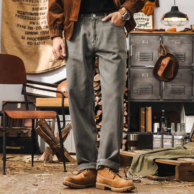 美式復古紫色牛仔褲男寬鬆直筒重磅工裝褲子男秋季丹寧潮流休閒褲