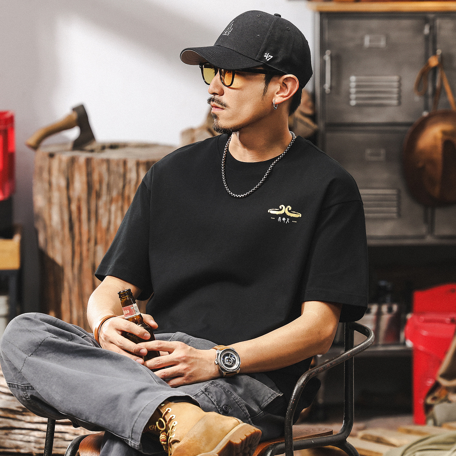 7A抗菌冰皮涼感T恤男夏季短袖2025新款潮牌緊箍咒印花休閒半袖男