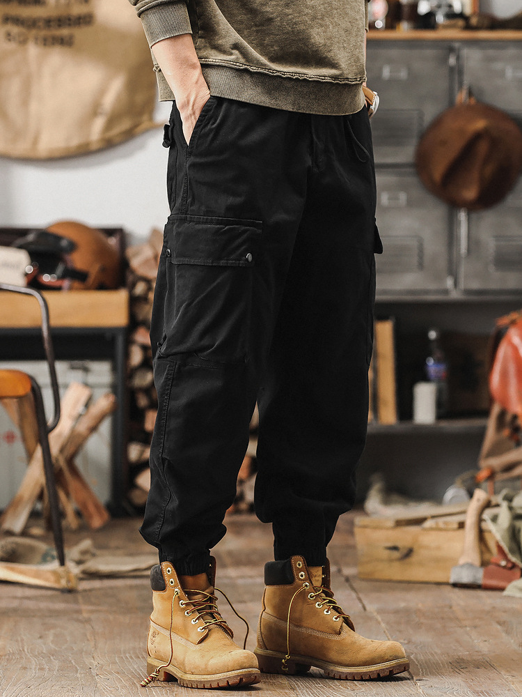 男士春季褲子潮牌2024新款軍綠色工裝褲男寬鬆直筒束腳男士休閒褲