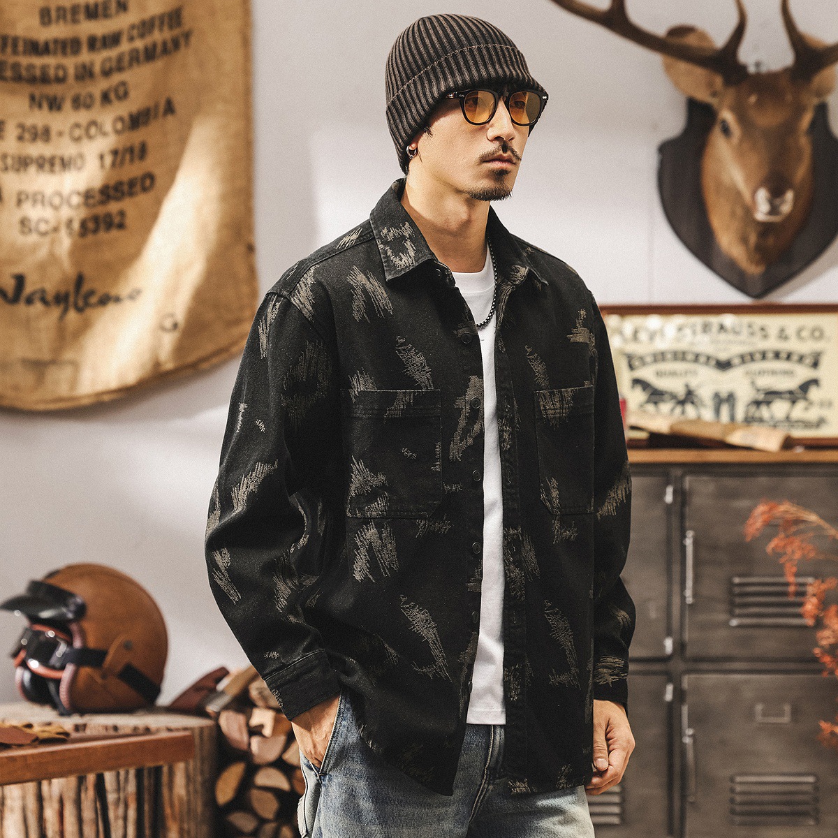 美式復古色織提花牛仔襯衫男長袖2025新款寬鬆工裝襯衣男春秋外套