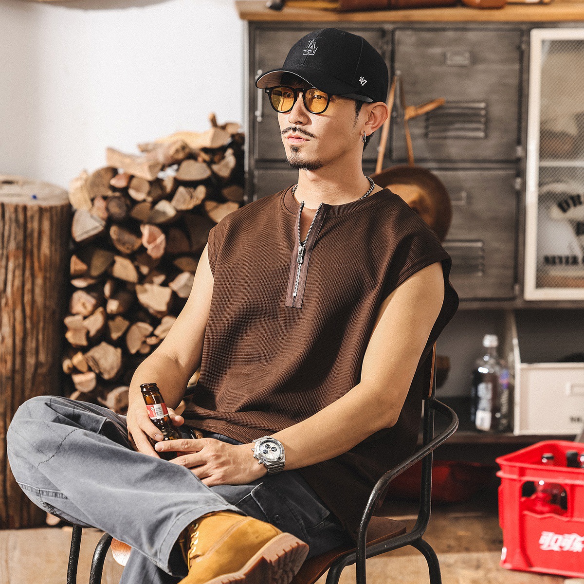 夏季新款半拉鍊痞帥運動健身背心男寬鬆潮牌華夫格肌理感男士T恤