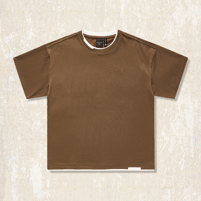 雙紗爽滑棉重磅假兩件T恤男短袖夏季潮牌設計感半截袖美式衣服男