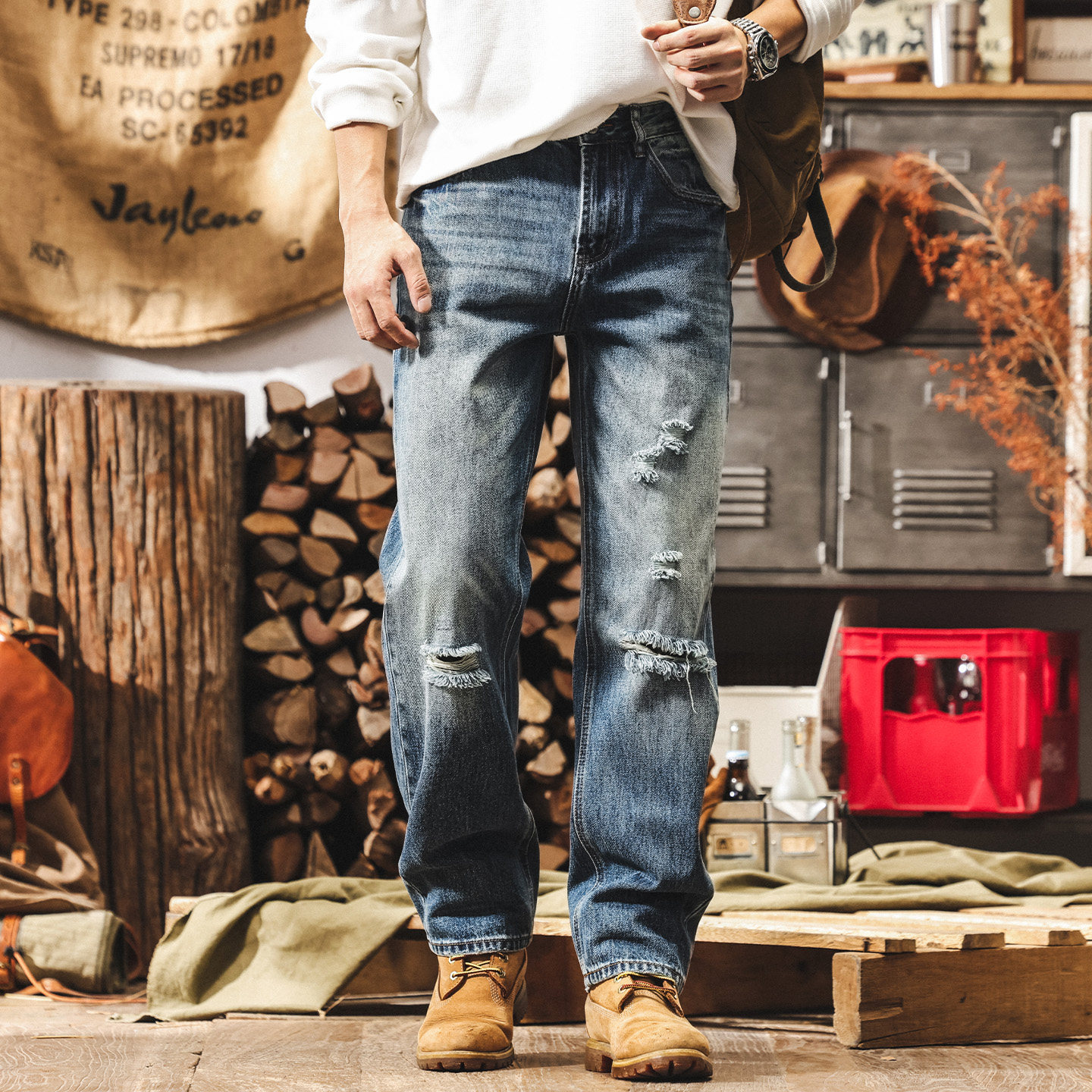 美式復古直筒牛仔褲男春季新款破洞潮牌男裝褲子男寬鬆水洗休閒褲