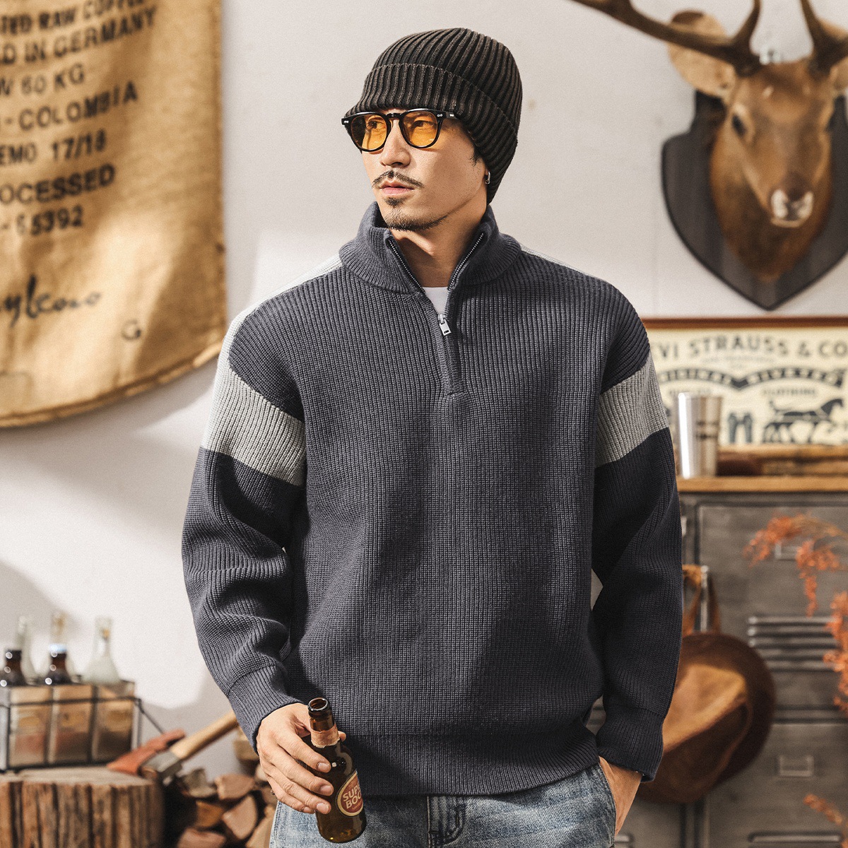 美式復古半高領拉鍊加厚毛衣男冬季保暖潮牌撞色寬鬆針織衫外套男