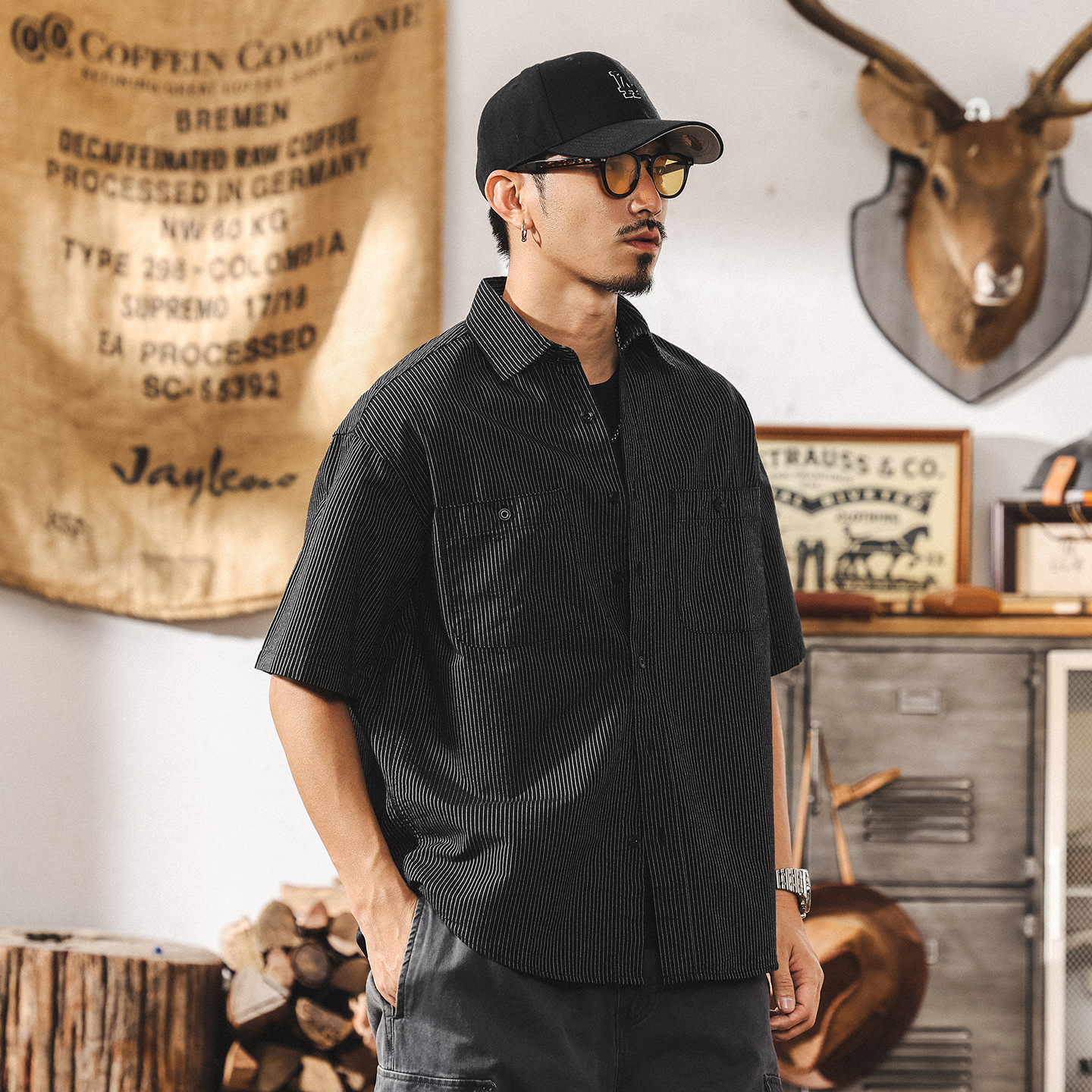 美式復古工裝襯衫男士短袖2025夏季新款寬鬆大碼休閒條紋襯衣外套