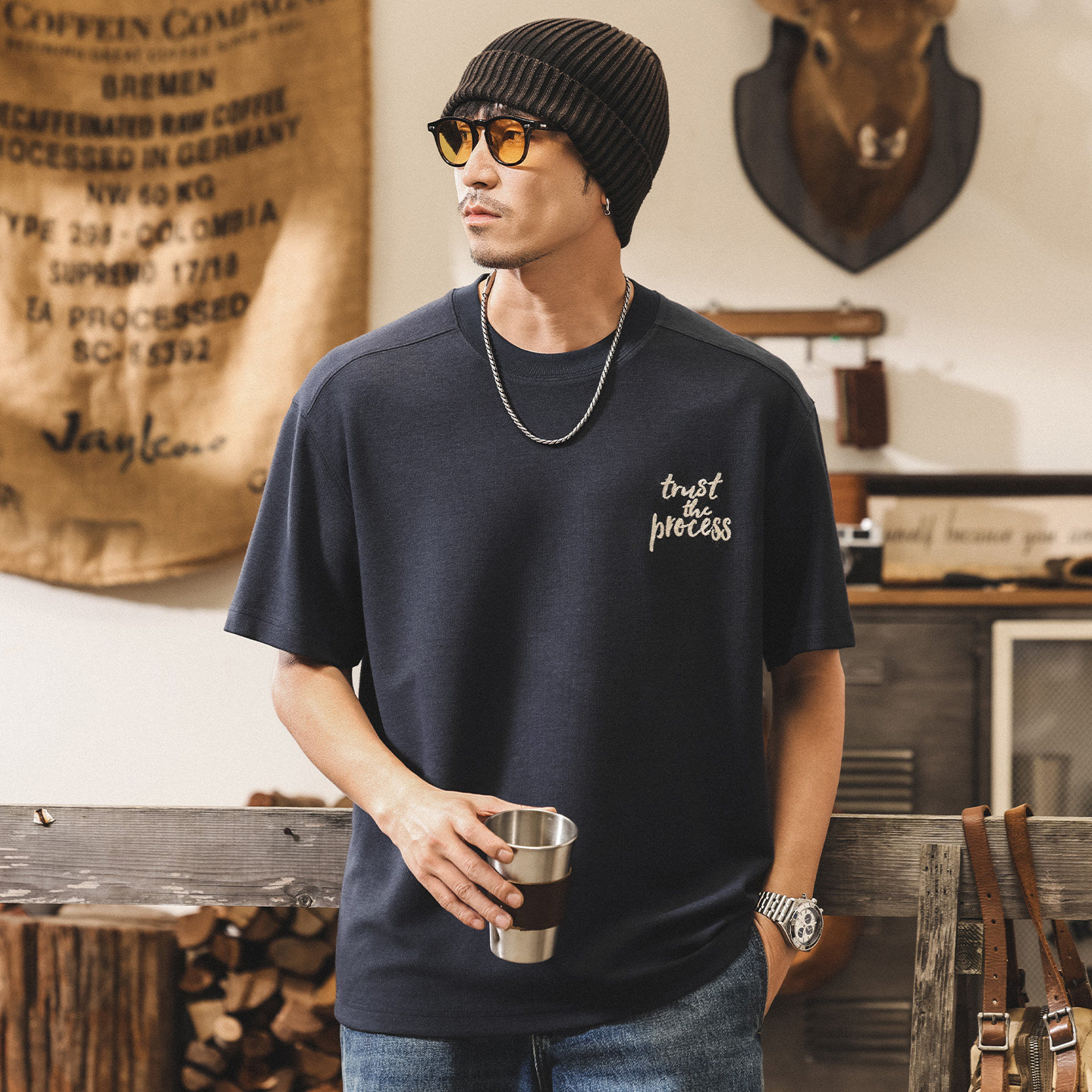 美式復古精梳棉刺繡T恤男夏季潮流280g重磅短袖寬鬆潮牌男士上衣