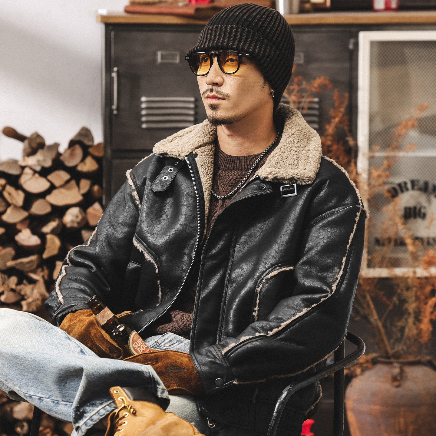 美式復古座山雕加絨皮衣外套男士棉服冬季潮牌機車皮毛一體棉衣男