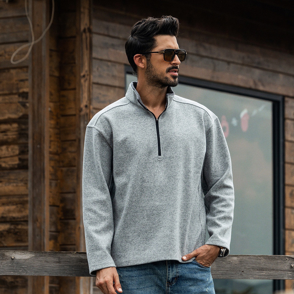 美式復古重磅加厚半拉鍊長袖T恤男春季潮牌寬鬆重磅衛衣男士上衣