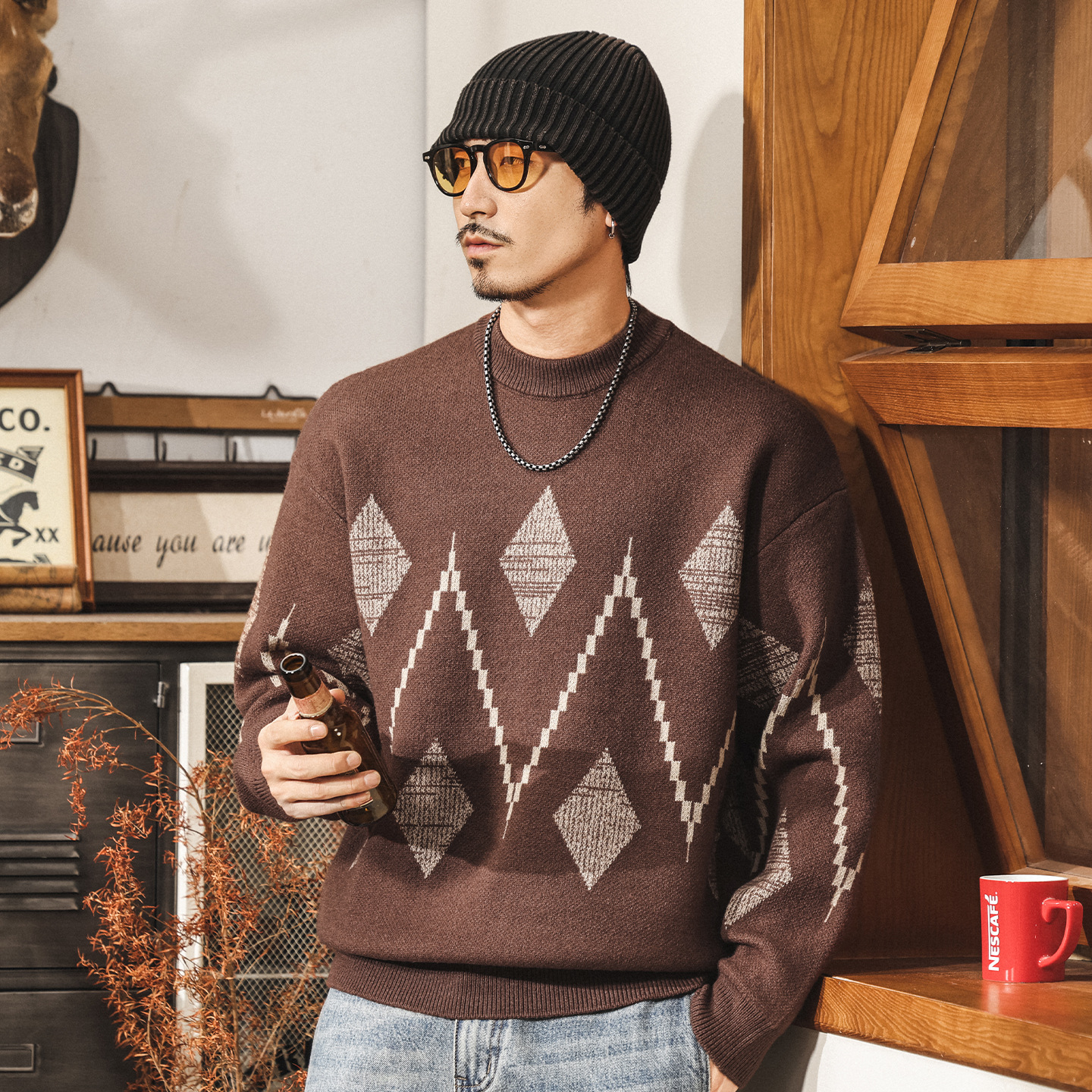 美式復古費爾島男士毛衣冬季加厚新款潮流民族風圓領針織衫上衣男