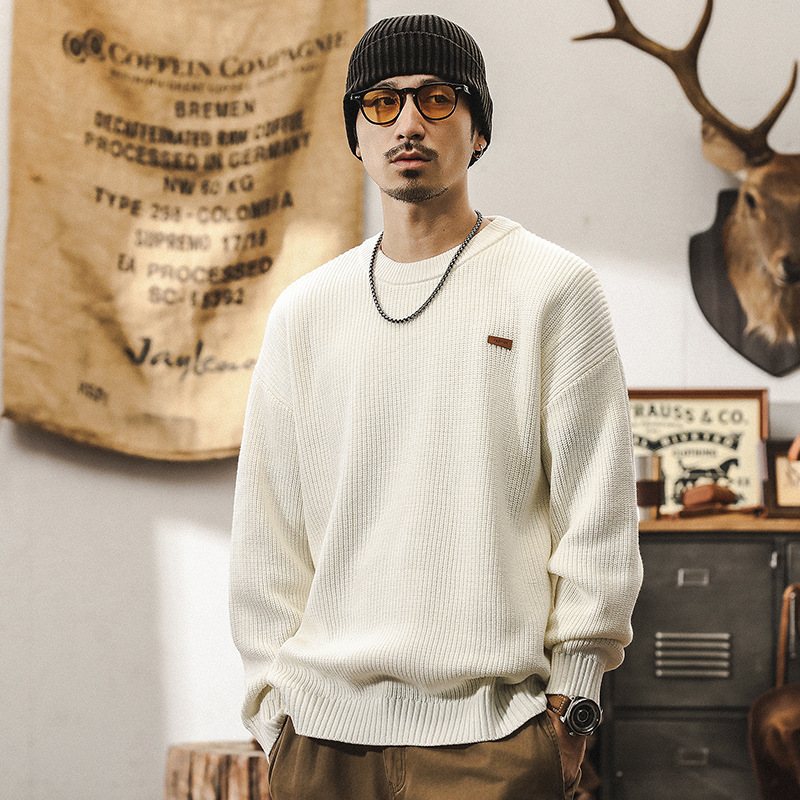 美式復古550g重磅珊瑚紅毛衣男冬季潮牌寬鬆簡約百搭針織衫秋冬款