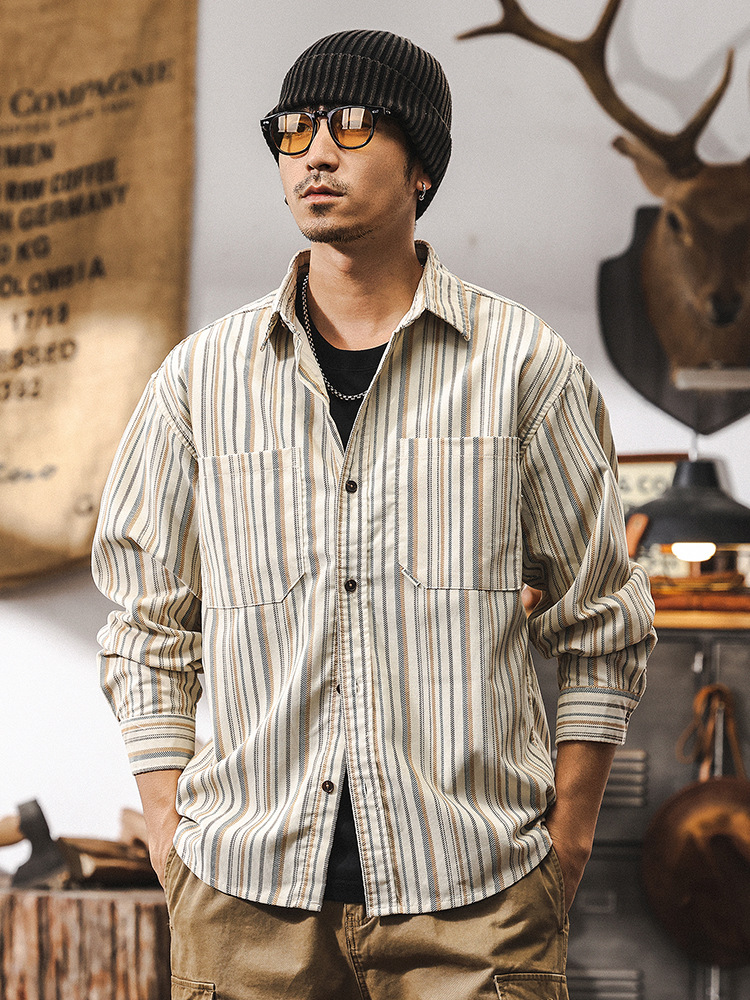 美式復古重磅條紋襯衫男長袖春季2025新款潮牌寬鬆休閒襯衣男外套