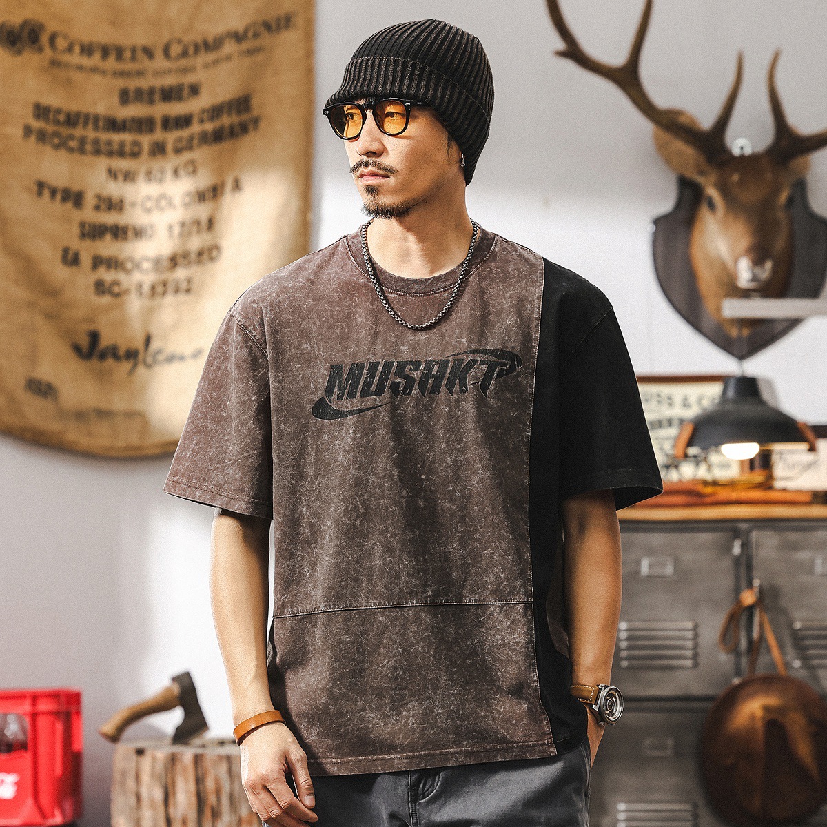 美式復古260g重磅T恤男潮牌短袖男夏季寬鬆拼接紫色男士印花上衣T