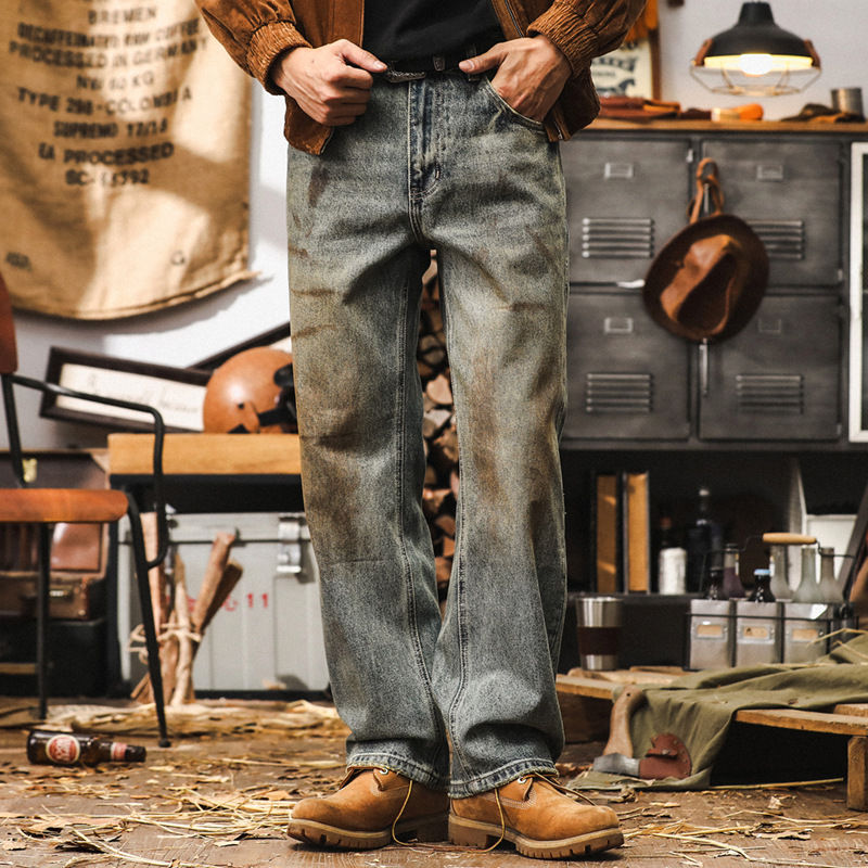 美式做舊臟染牛仔褲男款寬鬆直筒高街潮牌褲子男復古水洗休閒長褲