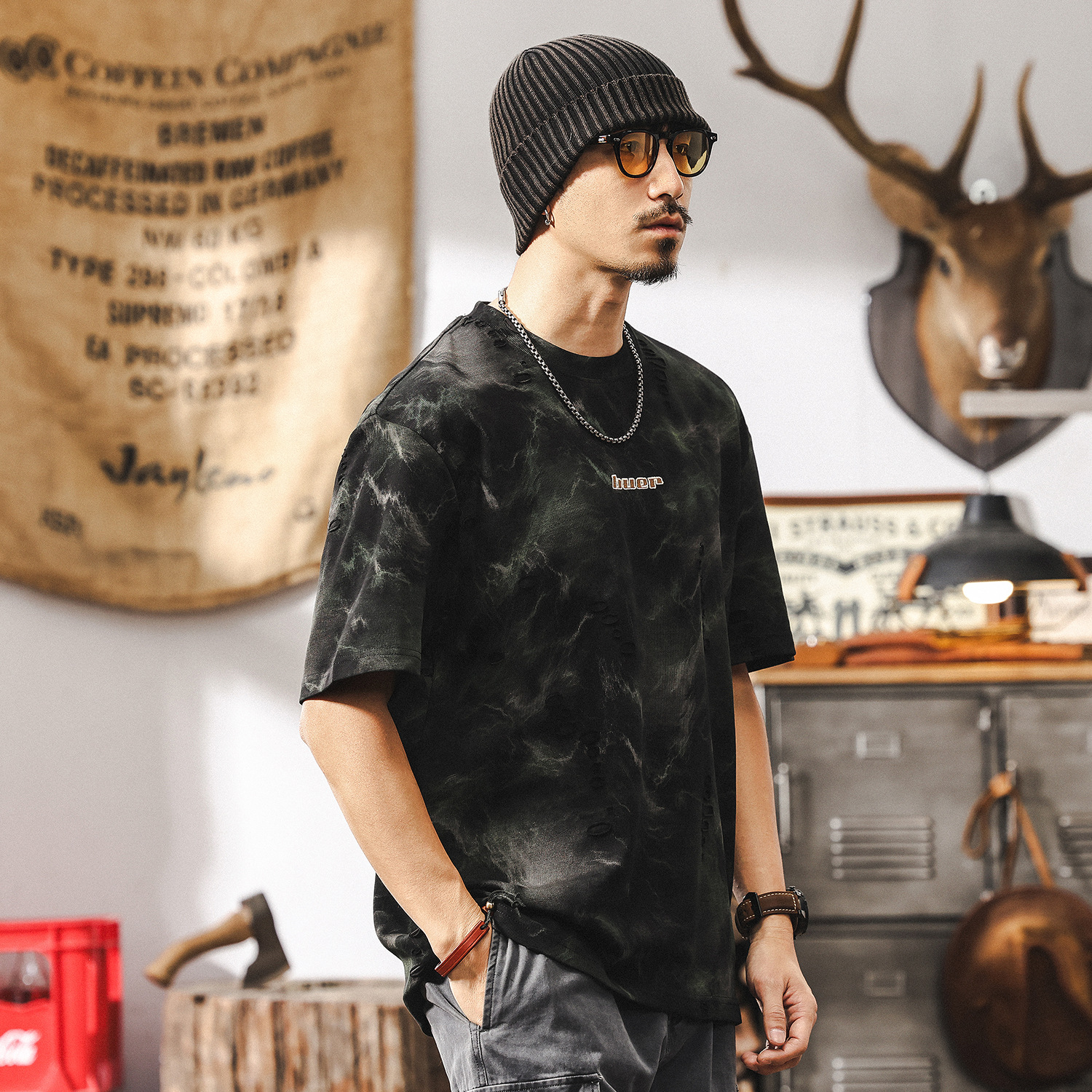 240g重磅短袖美式高街T恤男夏季寬鬆潮流設計感紮染男士半袖上衣T